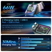 4 in 1 Retractable Car Charger with RGB Light, 66W Fast Charging Car Adapter with Lightning + Type C Cable & USB-C+USB-A Port, Car Phone Charger for iPhone/Galaxy/Pixel, Car Accessories for Women Men