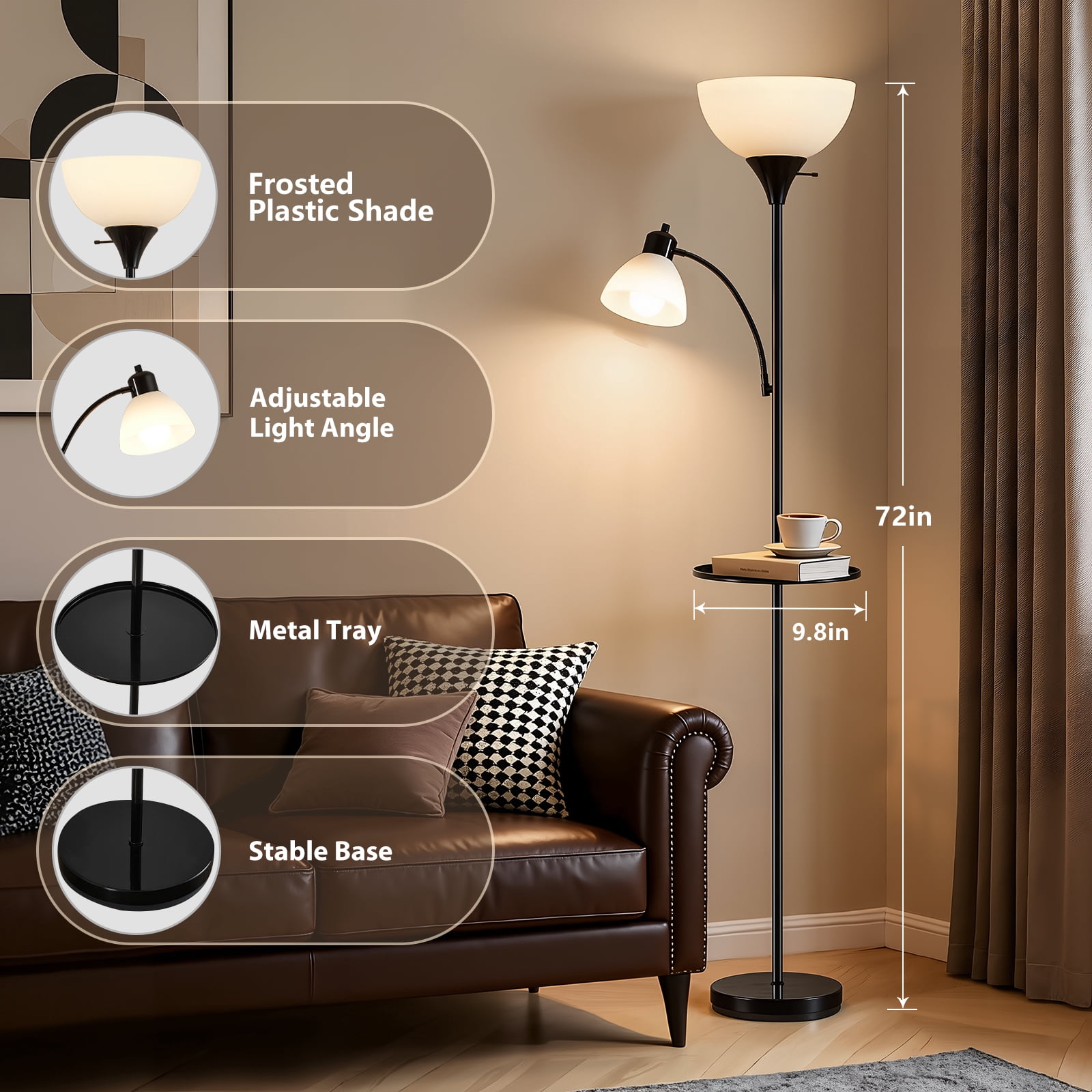 NATYSWAN Floor Lamps for Living Room,Torchiere Floor Lamp with 8W Adjustable Reading Lights, Morden Tall Lamps for Living Room, Bedroom, Office, 3 Bulbs Included