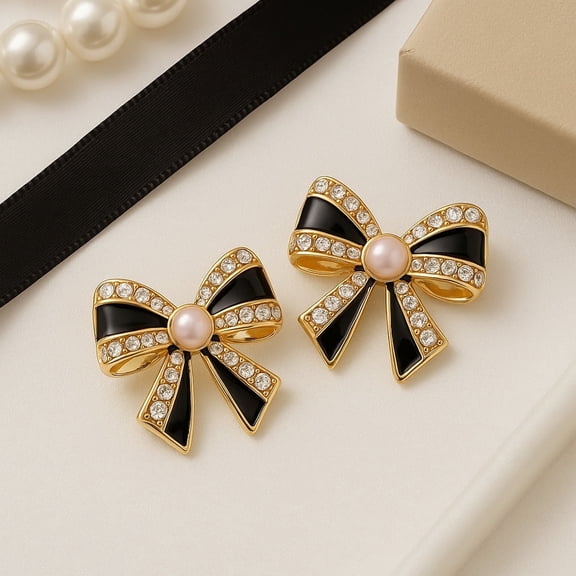 RubyLee Elegance Bow Stud Black, Fashion Earrings for Women Earrings, Stainless Steel, Jewelry Pouch, 2