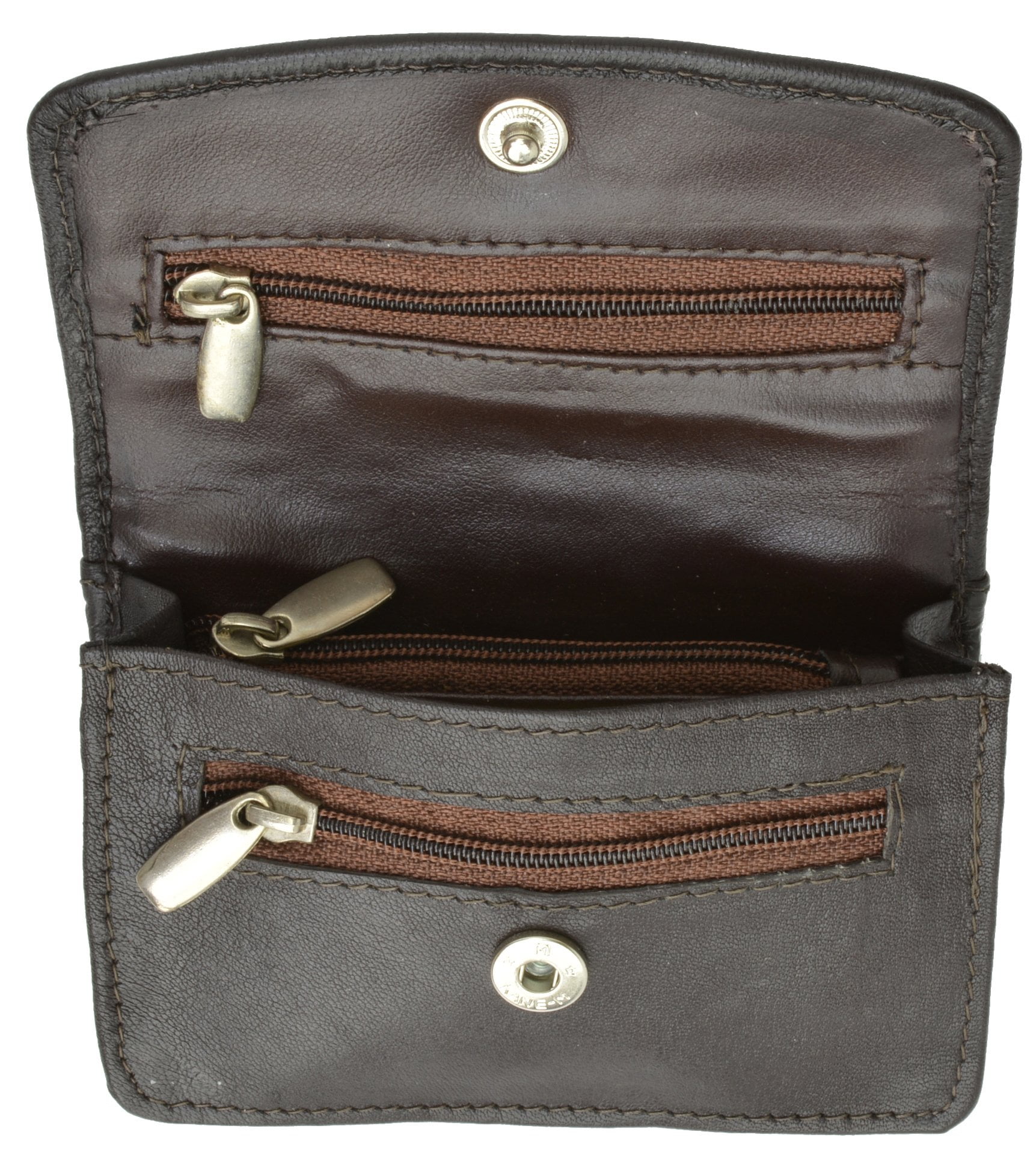 Ladies Brown Genuine Leather Multiple Zipper Coin Change Purse W/ Snap