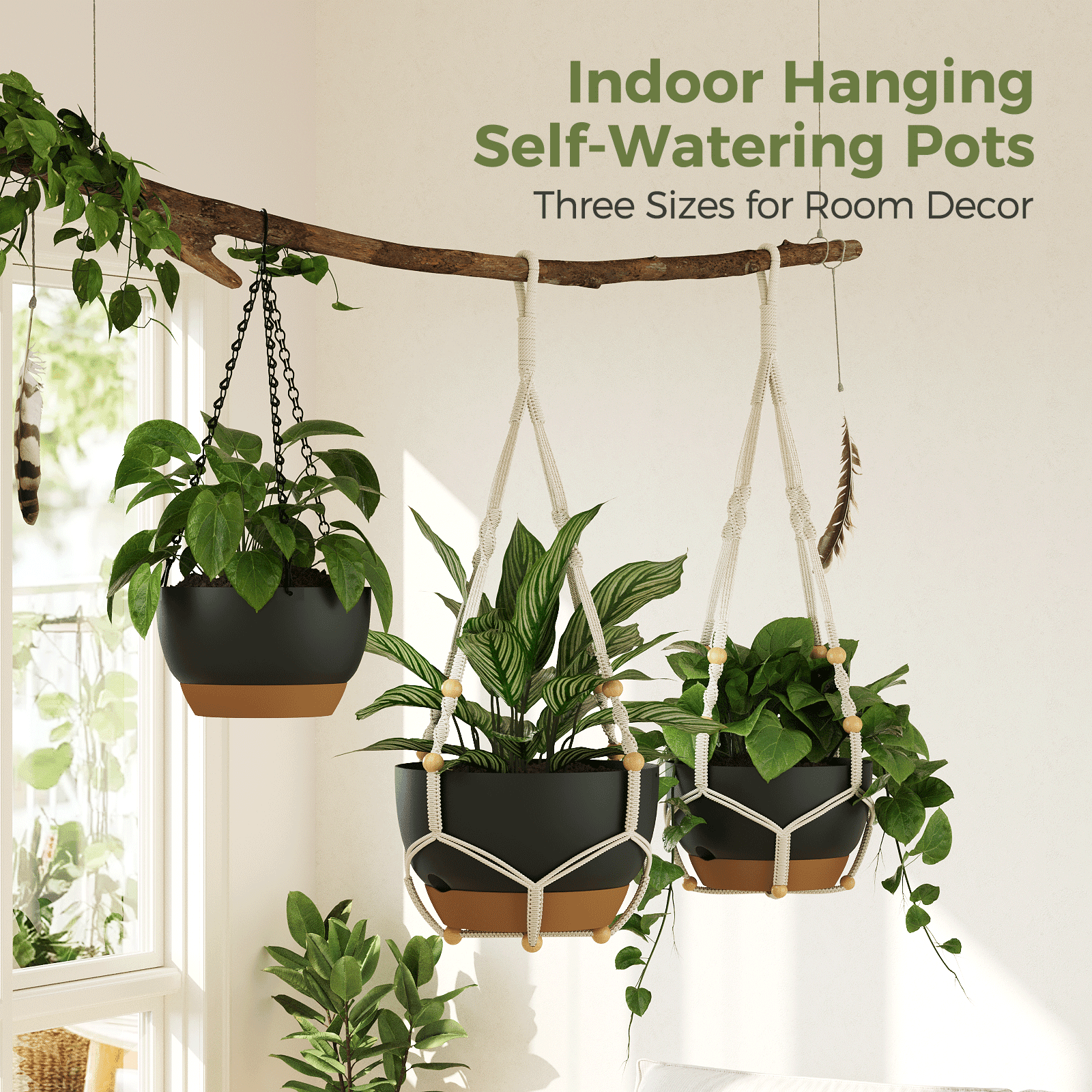 10 inch Plant Pot Hanging Planters Self Watering Pots for Indoor Plants, 3 Pack Plastic Hanging Basket with Removable Tray for Home Garden Porch Balcony Patio Decor,black