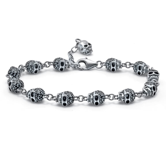Round Black Crystal Silvertone Antiqued Skull Bracelet 7 to 8.5-inch