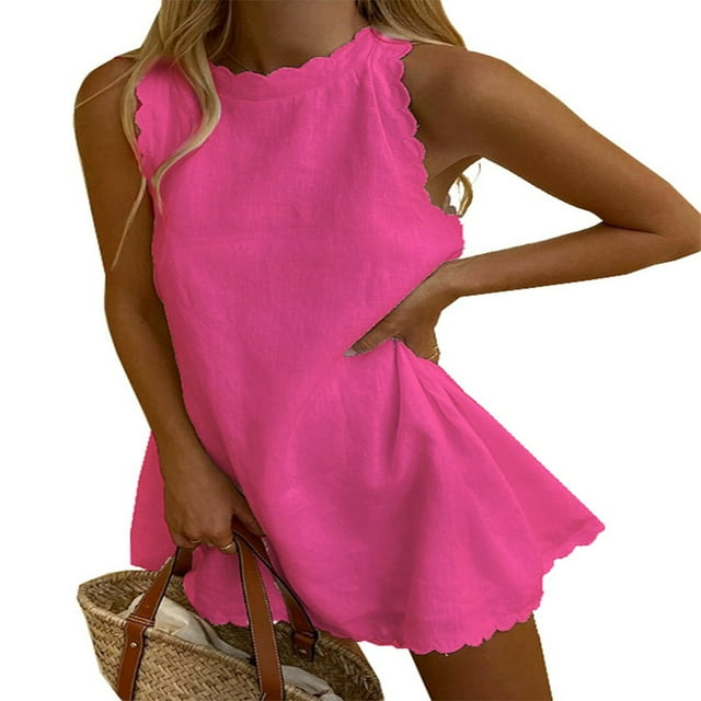 Femmes Débardeur Sans Manches Licol Robes d'Été Pétoncle Dos Fermeture Éclair Plage Robe de Soleil