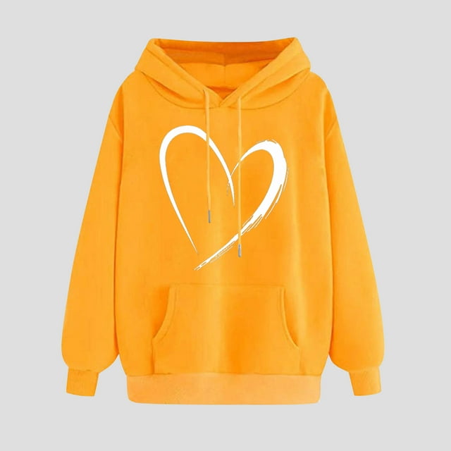 UPPADA Chandails à Capuchon pour Femmes Confortables à Manches Longues, Chandail à Capuche à Col Rond, Haut à Enfiler avec Poches, Couleur Unie/imprimé Cœur, Chandails de Base Jaune, P-3TG