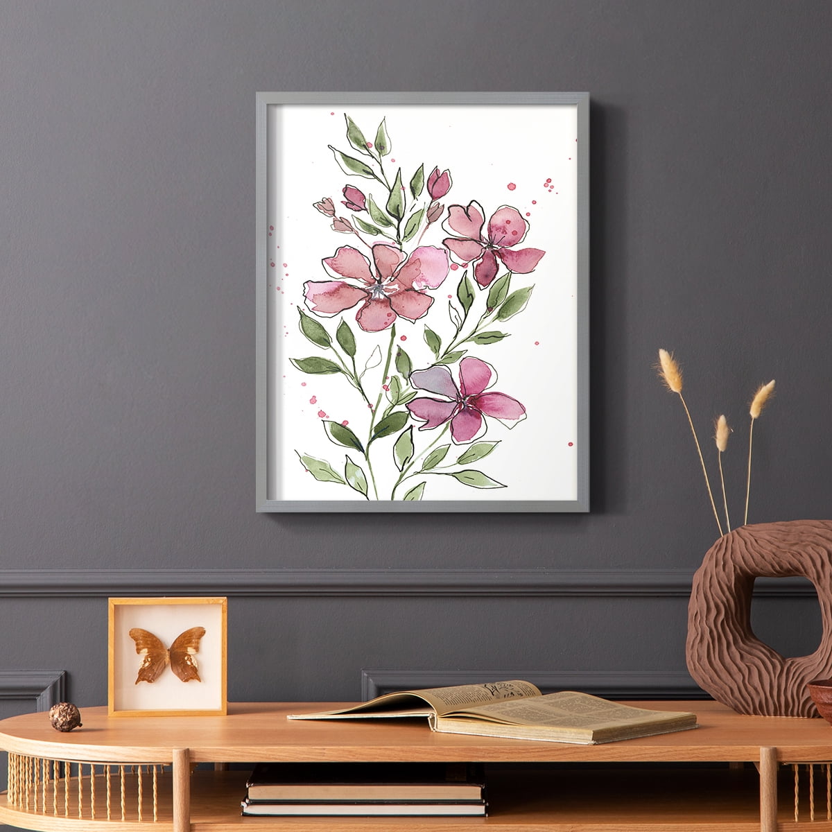 Watercolor Floral Stems I Framed Print in Gray Solid Wood 8 x 10 Framed Print