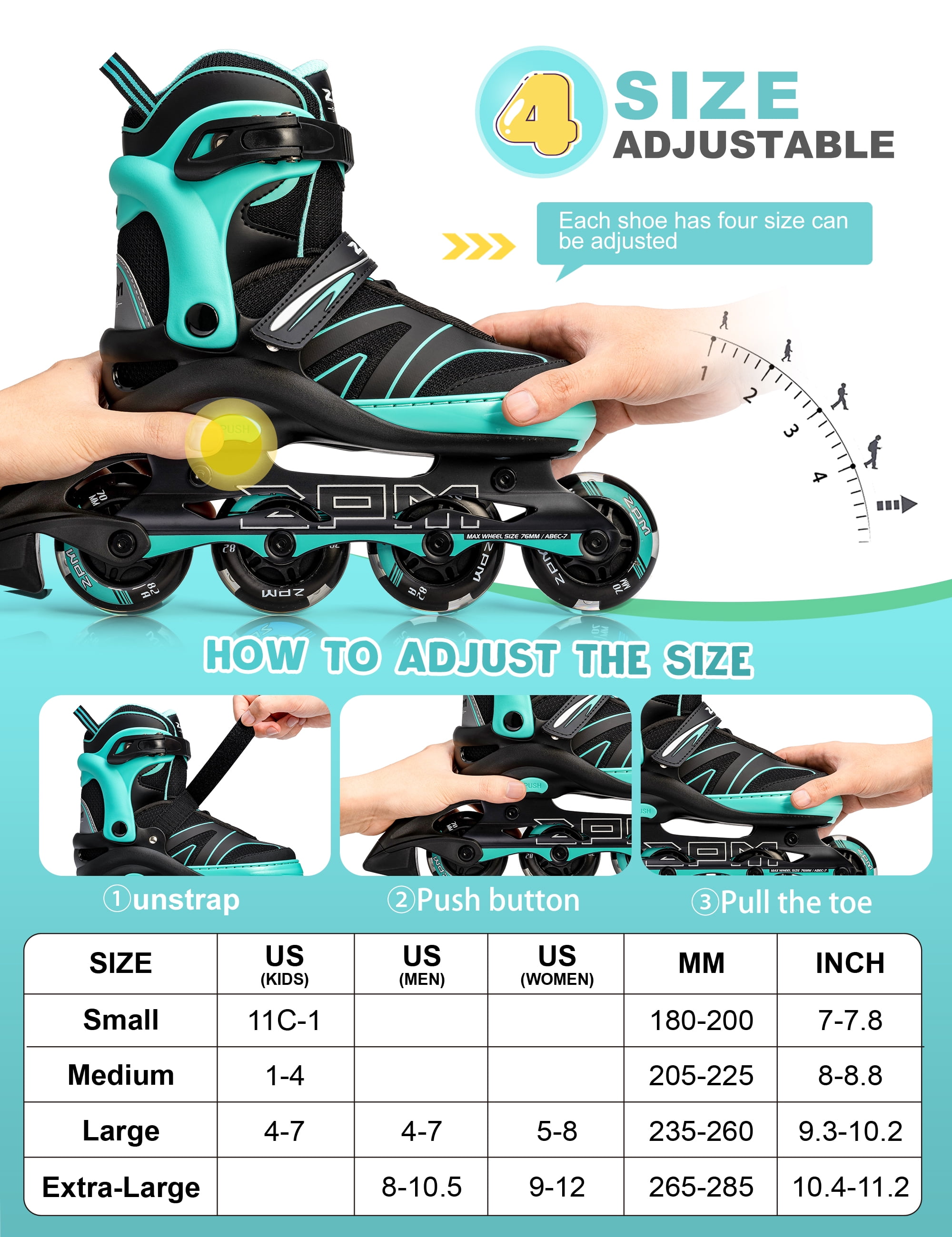 2PM SPORTS Kids Adjustable Inline Skates, Youth Inlie Skates for Girls Boys Women Ages 4-12 5-8 8-12 with Full Light Up Wheels