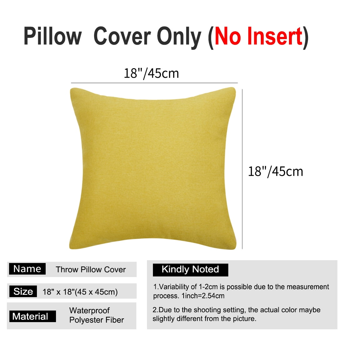 Unique Bargains 2-Pack Solid Waterproof Decorative Throw Pillow Covers Yellow 18" x 18"