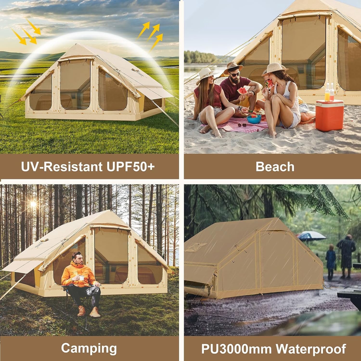 Slsy Large Inflatable Camping Tent, Blow Up Tent with Room, Easy Setup 6-8 Person Inflatable SUV Tent Waterproof Oxford Family Tent with Extended Balcony, Mesh Windows, Stove Jack, Pump