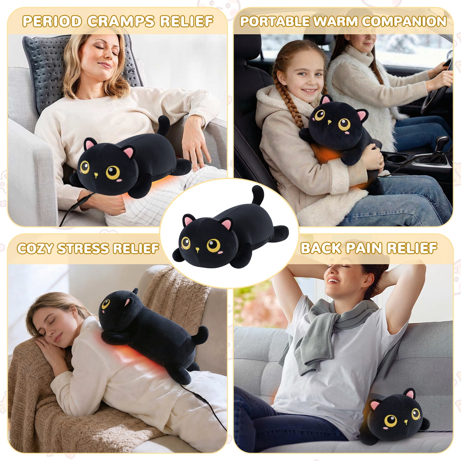 Cat Heating Pad for Period Cramps Menstrual Pain Relief, Portable Electric Heat Pads USB Powered, Cute Black Cat Plush Stuffed Animals Gift, Funny Cats Gifts for Women Teen Girls Birthday Christmas