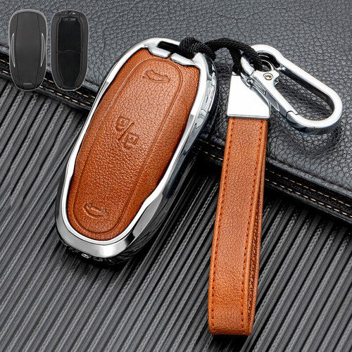 Car Key Fob Cover Case Protector Zinc Alloy Leather Car Remote Key Fob Case Cover Bag Holder For Tesla Model S 3