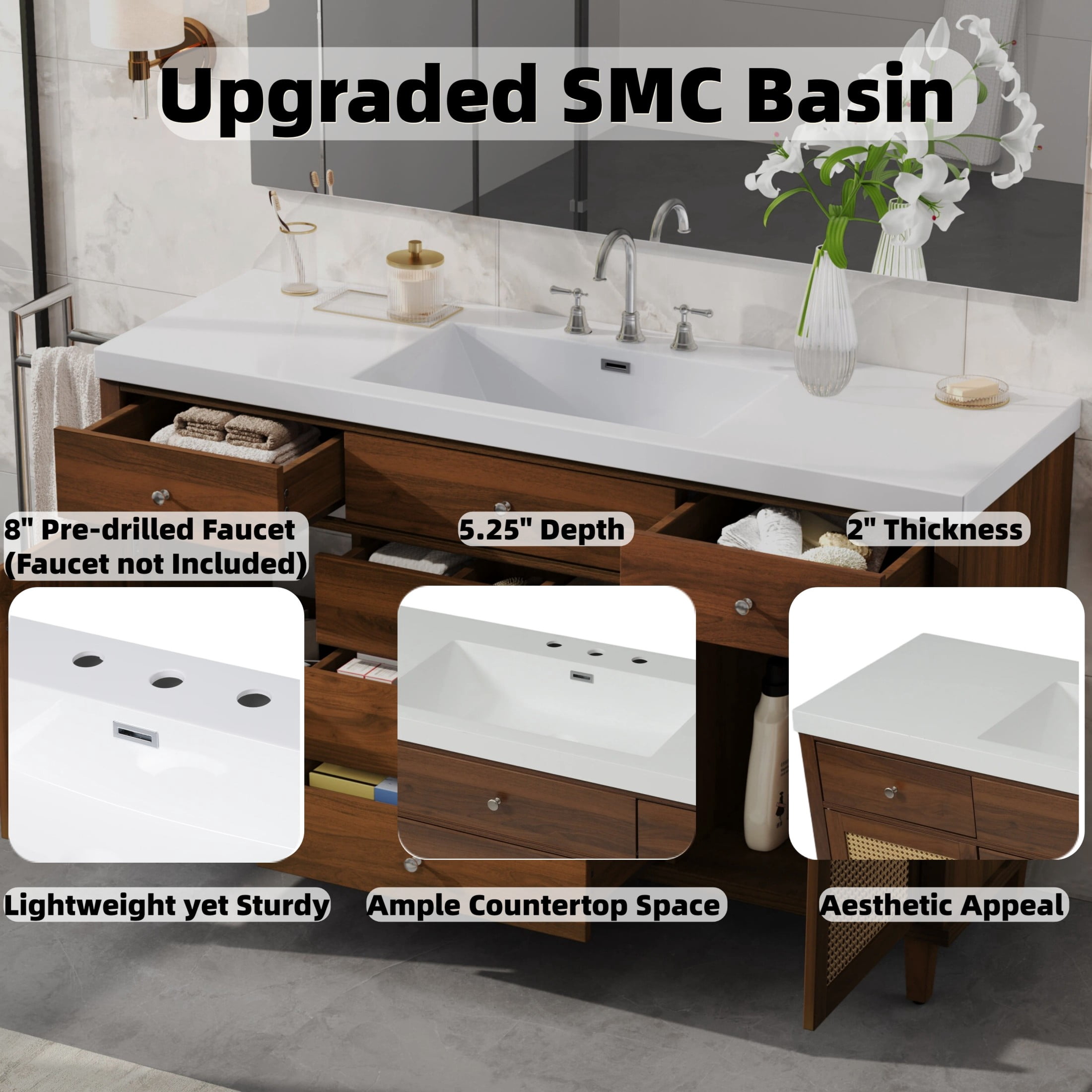 Christopher Knight Home 60" Bathroom Vanity with SMC Sink, Storage Cabinet and Drawers, Wood Frame, Brown