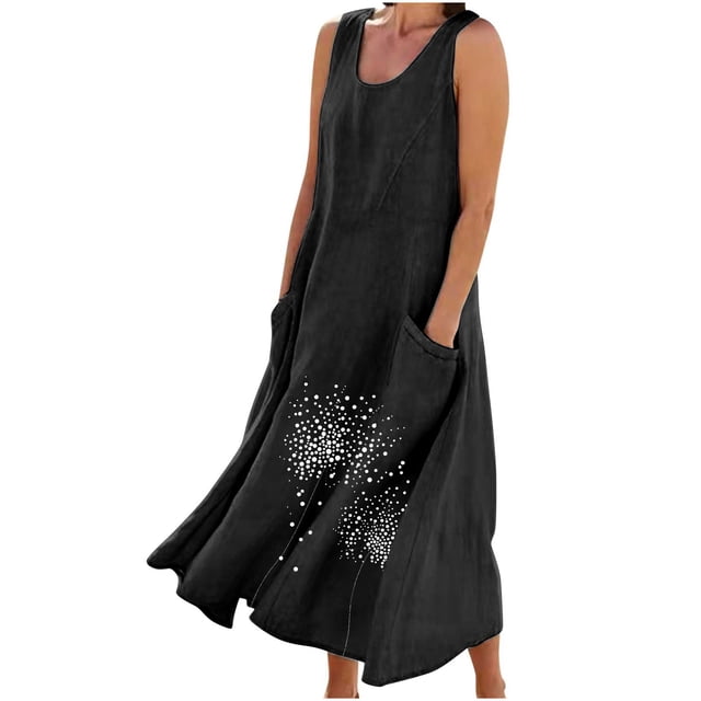 Staron Robes d'Été Noires pour Femmes 2025 Vacances Robe Sans Manches Grande Taille Décontractée Fluide Robes Unies Col Rond Coton Lin Longue Décontractée Robe de Printemps avec Poches TTG