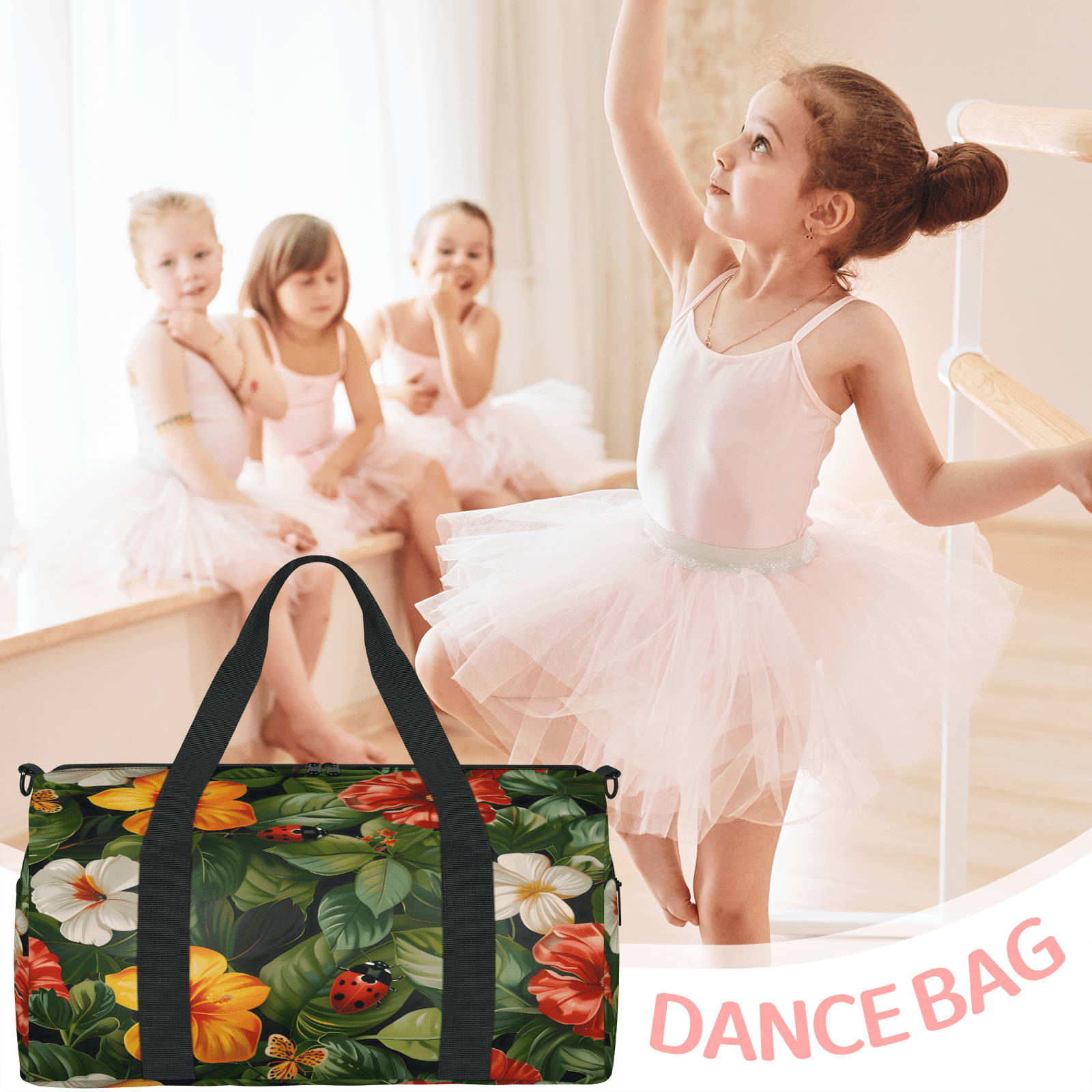Herdesigns Ladybugs Tropical Floral Leaf Gym Bag for Women, Duffle Bag for Travel Sport, Lightweight Waterproof Carry on Weekender Overnight Dance Yoga Workout Bags