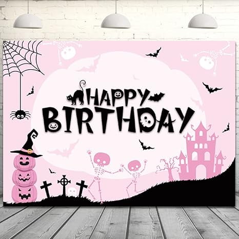 Halloween Happy Birthday Backdrop Pink 6.8*4.3ft Halloween Castle Pumpkin Photography Background with Bat Spider Black Cat for Halloween Birthday Photo Booth Party Decorations Supplies