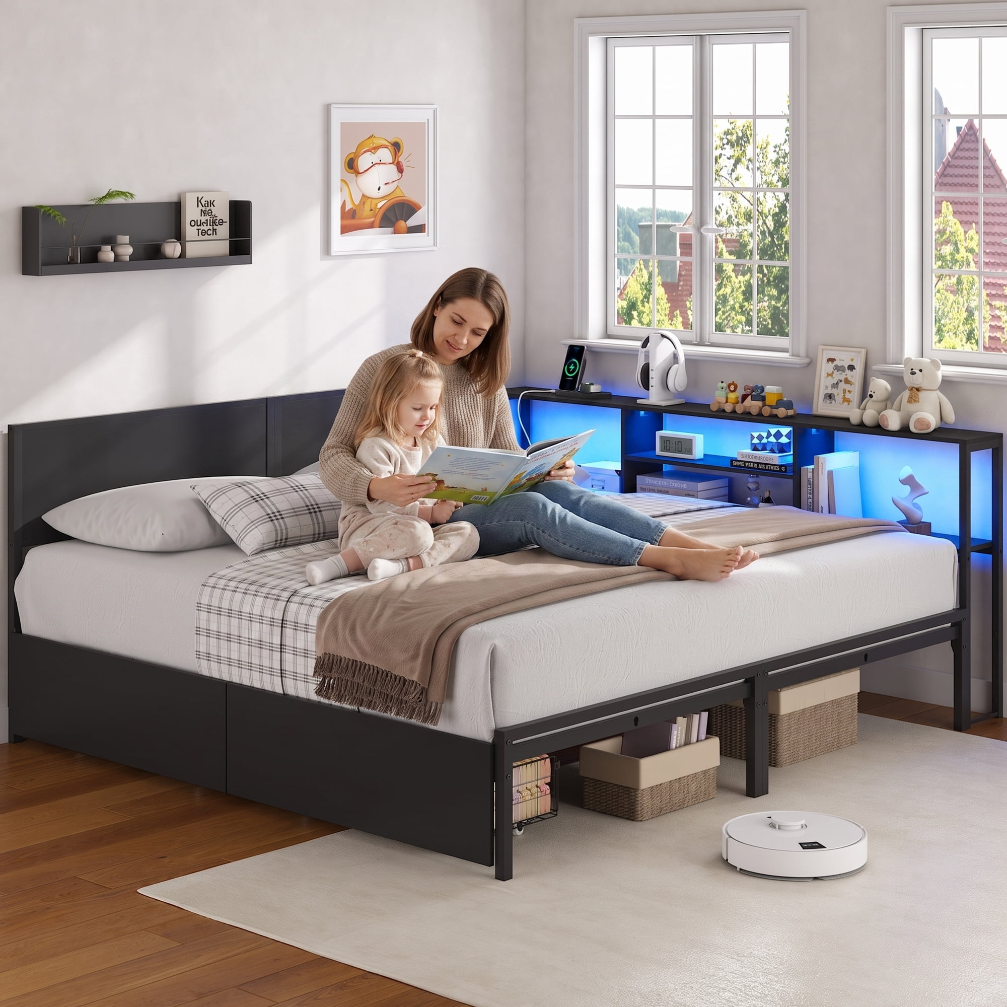 Miniyam King Size Bed Frame with Storage, 2-in-1 Convertible Twin Beds, LED & Charging Station, Gray