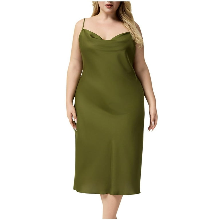 Voncos Women's Curvy Silky Slip Dress - Cowl Neck Thin Straps Midi Nightgown, Wrinkle-Free Cozy Sleep Dress Loungewear Green 3XL