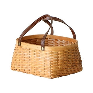 Hotiary Round Natural Woodchip Basket,Wooden Storage Basket with Leather  Handle,Kitchen Storage Basket for Organizing 