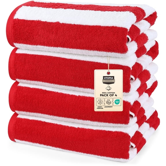 Utopia Towels Pack of 4 Cabana Beach Towels, Oversized 30 x 60 Inches Cotton Beach Towel Set, Smooth Ring Spun Texture for Pool and Swim Days, Modern Striped Design Bath Towels, Red