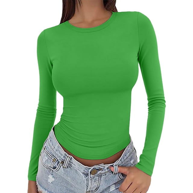 ManxiVoo Chandail Ajusté à Manches Longues à Col Rond pour Femme, Vêtement de Base pour l'Extérieur, Haut de Sport, Confort Extensible, Coupe Flexible, Taille M, Vert
