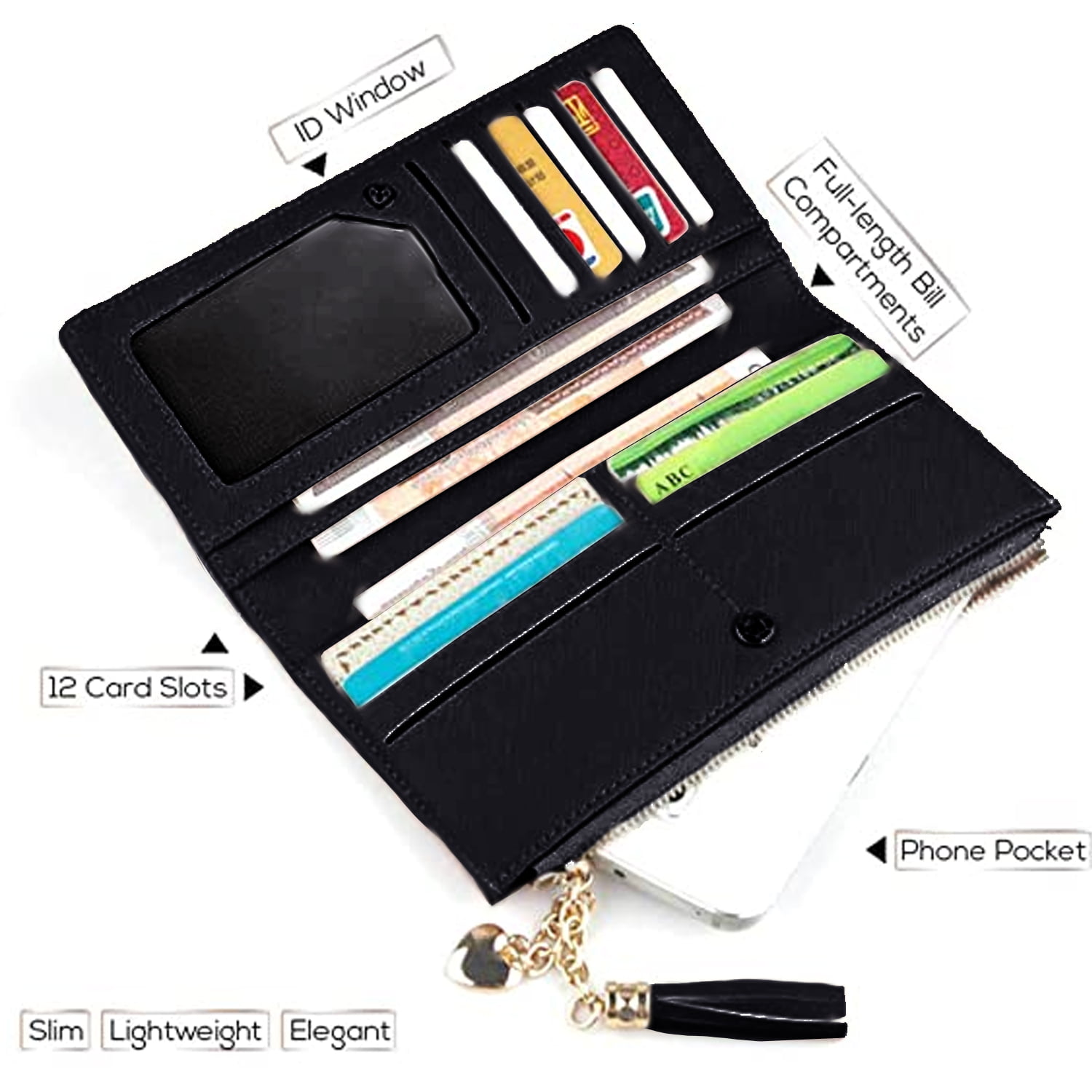 Wallets for Women Leather Cell Phone Case Holster Bag Long Slim Credit Card Holder Cute Minimalist Coin Purse Thin Large Capacity Zip Clutch Handbag