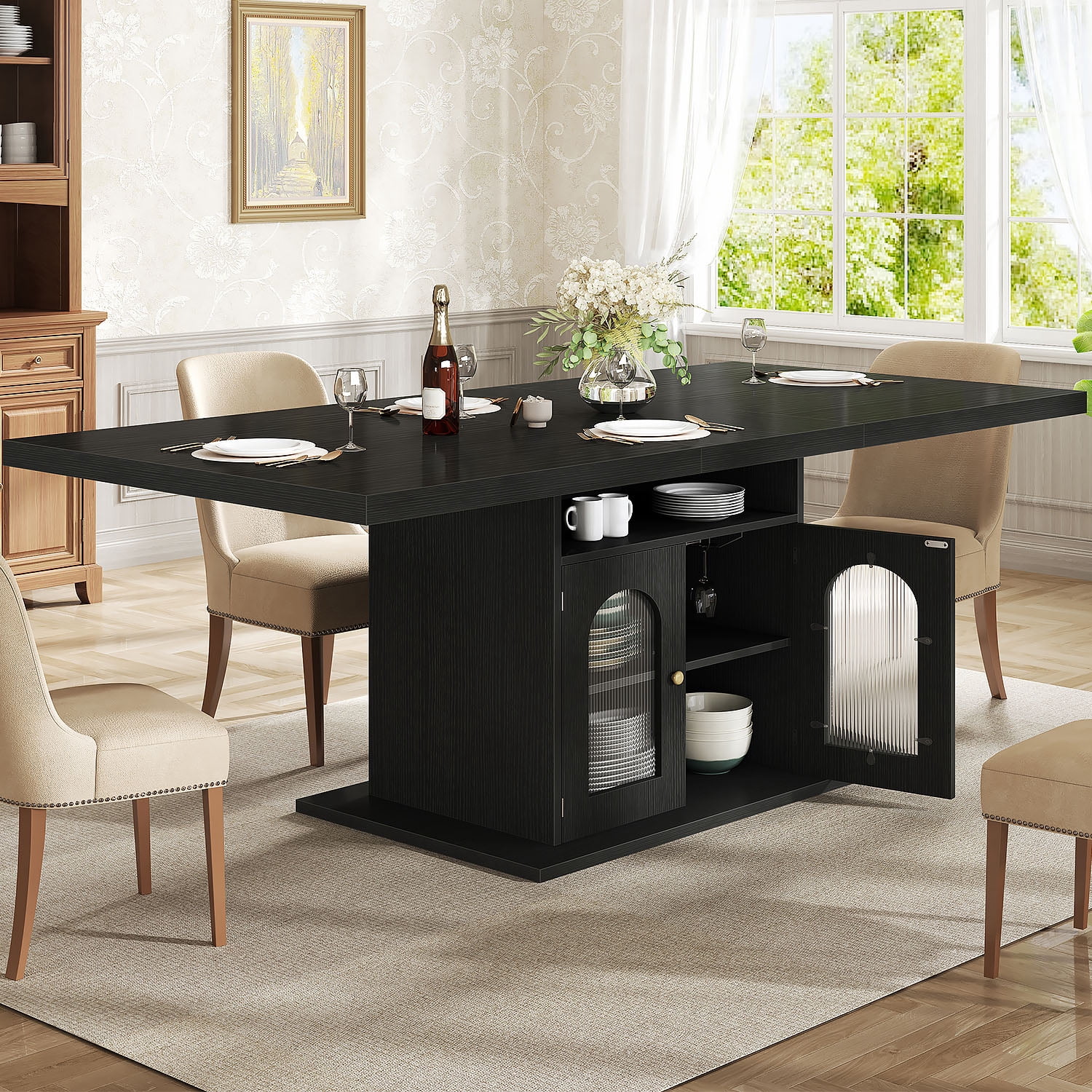 Paasyonmate 63" dining table with storage cabinet, black