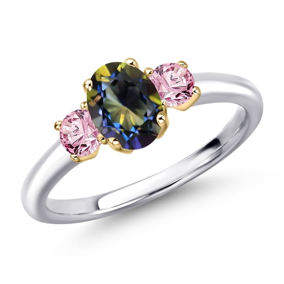 Gem Stone King 10K Two Tone Gold Blue Mystic Topaz and Pink Lab Grown Diamond Engagement Ring for Women | 1.31 Cttw | Oval 7X5MM | Gemstone November Birthstone | Size 8