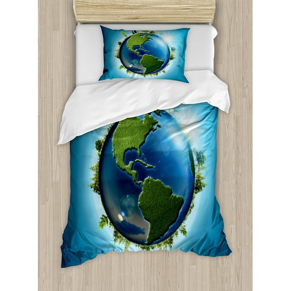 Earth Duvet Cover Set, Planet Covered with Blue Seas and Forest Continents Trees Greenery Nature, Decorative 2 Piece Bedding Set with 1 Pillow Shams, Twin Size, Blue Green Pale Blue, by Ambesonne