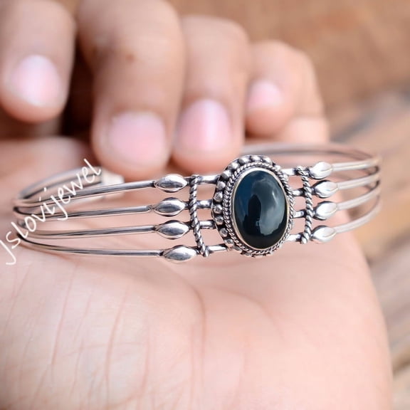 Oval Black Onyx Silver Cuff Bangle, 925 sterling silver Daily Wear Bracelet