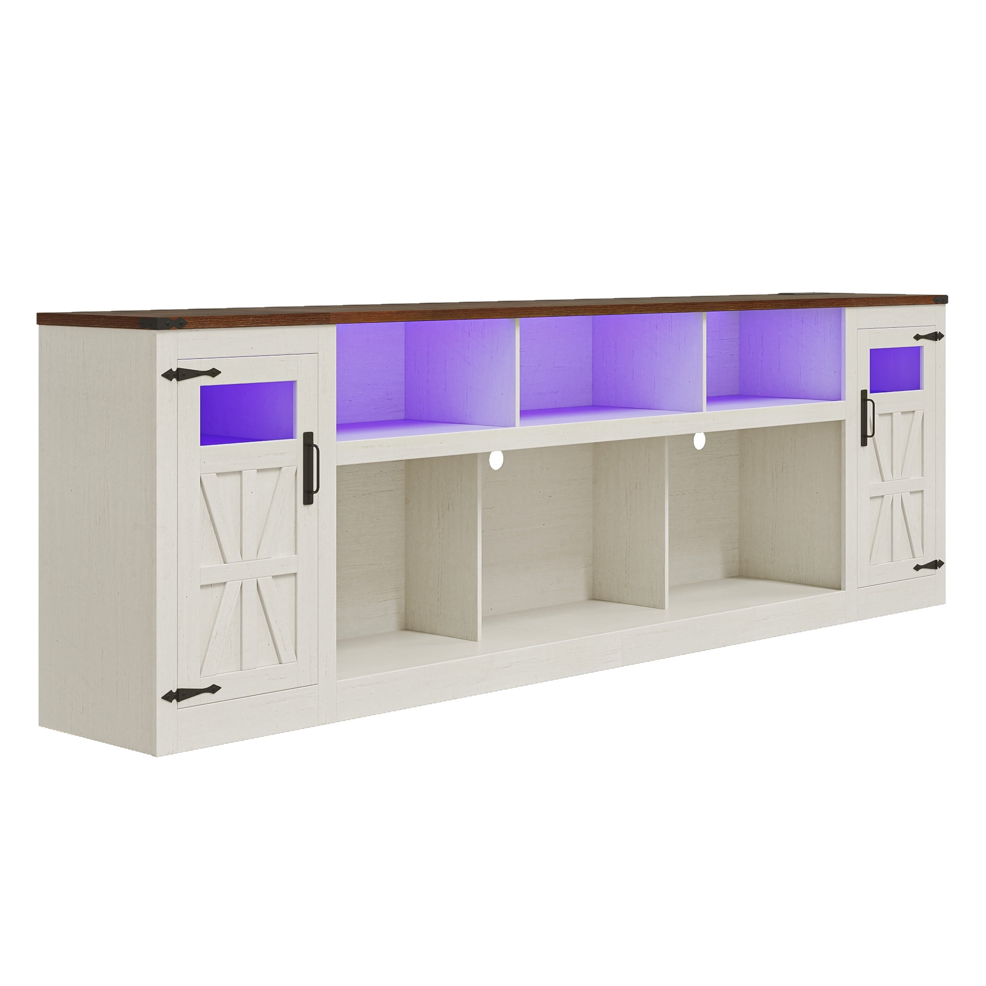 ChVans 95" Farmhouse TV Stand for 90/100"TV with LED Lights and Power Outlets, Large Entertainment Center with 2 Barn Doors Storage Cabinet & 6 Semi-Open Compartments for Living Room, White