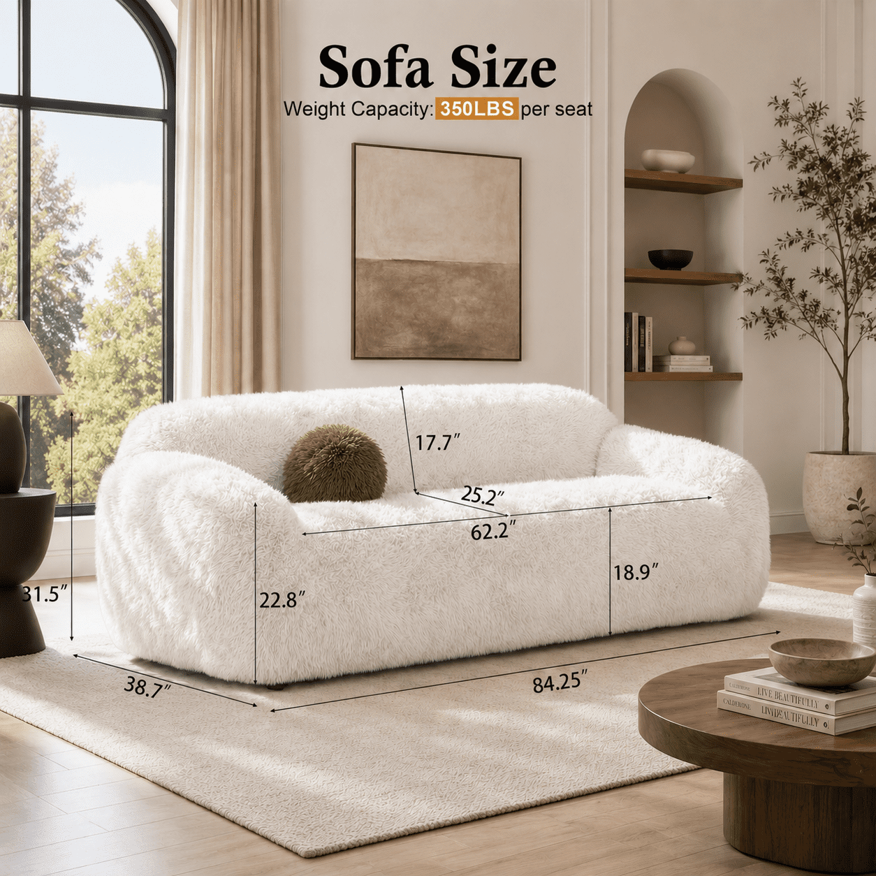 Aenkyo 84 Inch Plush Faux Fur Sofa, 25 Inch Deep Seat 3-Seater Couch with Ball Pillow, White