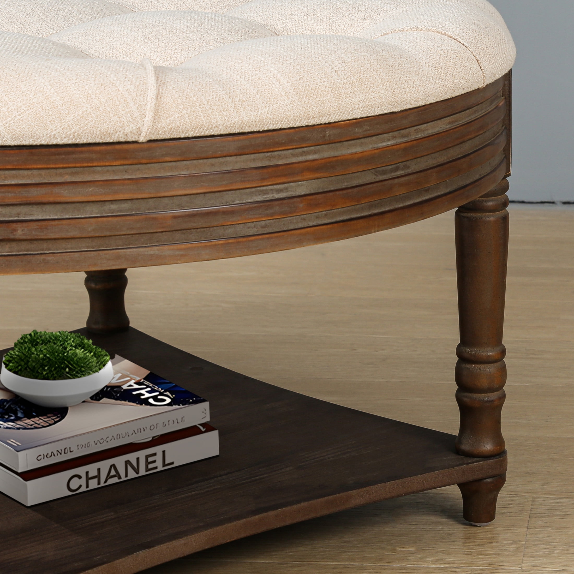 Noble House Large Round Tufted Ottoman Coffee Table with Wooden Storage Shelf, Waterproof Farmhouse Upholstered Footstool,Beige+White