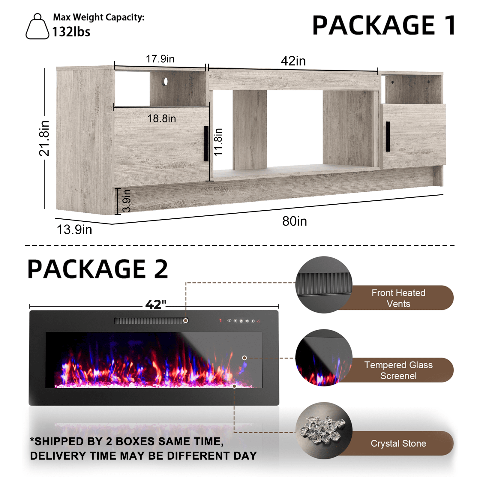 Flictozena 80" TV Stand with Fireplace and LED Lights - Entertainment Center for 90 inch TVs, Modern TV Cabinet with High-Gloss Storage Doors for Living Room, Gray