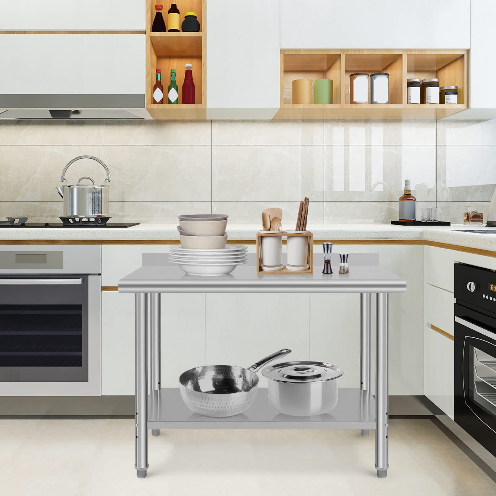 EastVita Stainless Steel Prep Table 48 x 24 Inch Heavy Duty Metal Commercial Kitchen Table with Backsplash and Under Shelf Outdoor Cooking Table Workshop Table for Restaurant Garage Laundry