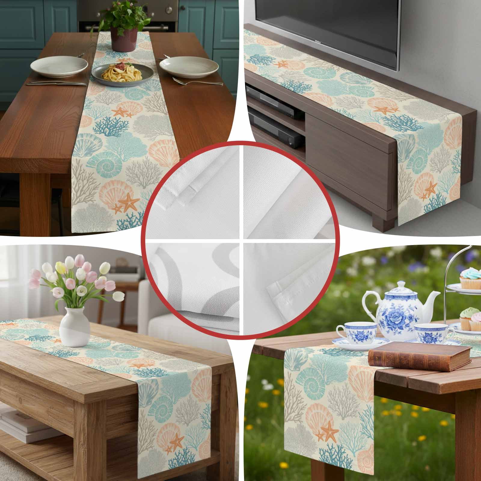 Ocean Coral Shell Conch Starfish Table Runner 90 Inches Long, Retro Underwater World Table Runners Tabletop Scarf Kitchen Dining Tables Decoration for Home Party Indoor Outdoor