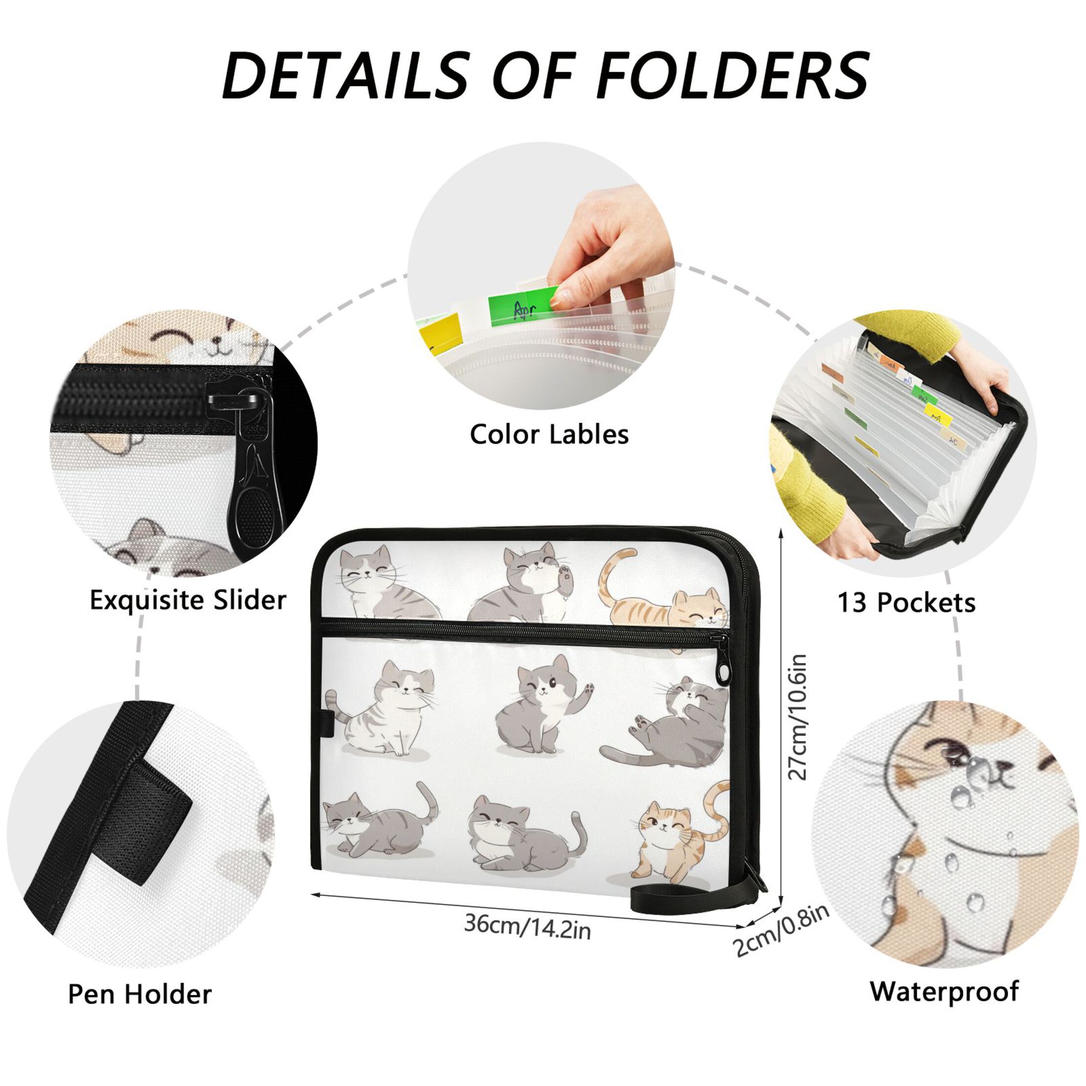 Accordion File Organizer with Zip Closure 13 Pockets Expanding File Folder Letter A4 Paper Document Organizer for Home Office Cute Cat Characters