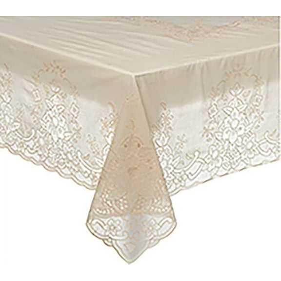 Sana Enterprises Vinyl Lace Floral Dining Tablecloth, Spill Proof 60x90 Inch Rectangle, Beige