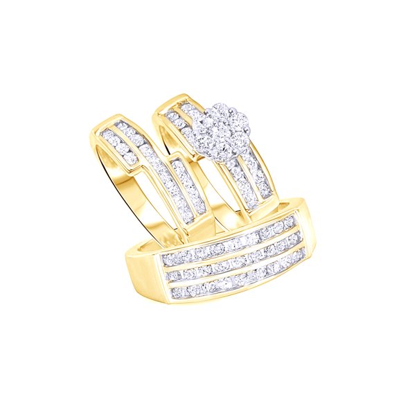 AFFY White Natural Diamond Wedding & Engagement Trio Band Ring Set In 10k Yellow Gold (1.75 Cttw)