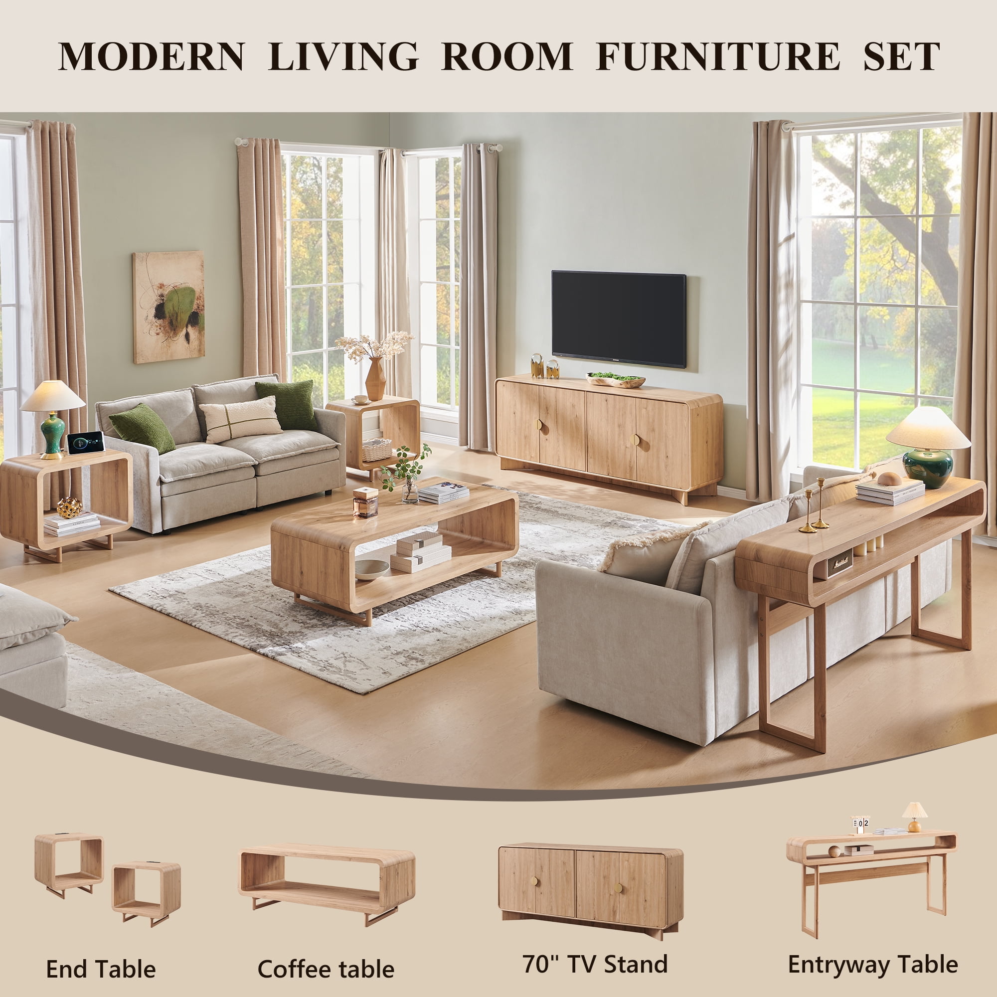 SinCiDo Modern TV Stand for TVs Up to 80 inches, Entertainment Center with Adjustable Shelves, Curved Profile Design, Media Console for Living Room, Natural