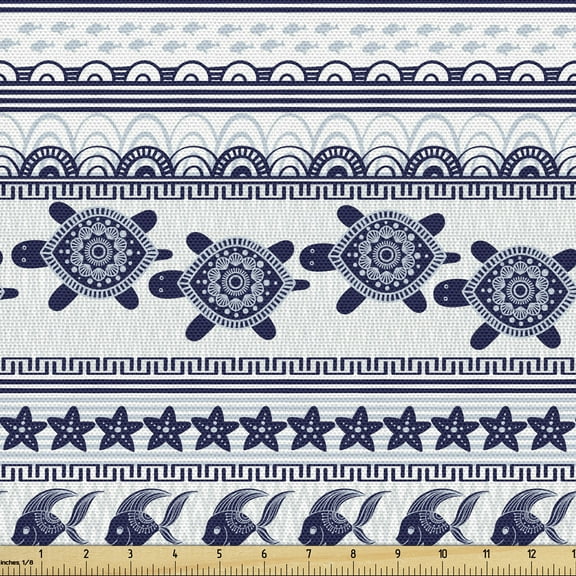 Ambesonne Underwater Fabric by the Yard Upholstery, Ethnic Ornate Marine Art, 1 Yard, Indigo White