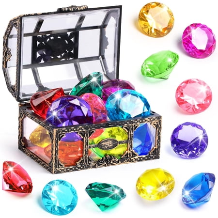 Diving Gem Pool Toy 10PCS DISHIO Big Colorful Diamond Diving Toy with Treasure Box Chest Pirate Pool Toys for Kids&Toddlers Underwater Sinking Dive Gemstone for Swimming Bath Birthday Party Decoration