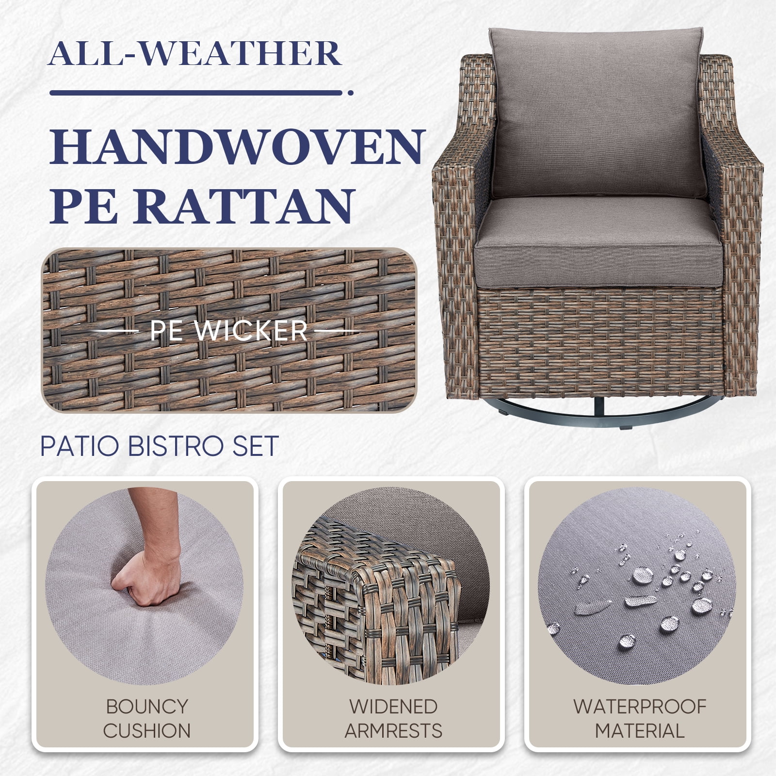 Gymojoy 2-Piece Outdoor Swivel Gliders, Patio Wicker Bistro Furniture Swivel Rocking Chair Set for Porch Balcony Backyard,Gray Cushion