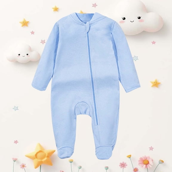 Huowey Baby Toddler Summer Breathable Romper Solid Color Long Sleeve Ribbed Full Zip Up Round Neck One Piece Jumpsuit Fashion Cozy Relaxed Bodysuit Stylish Clothes Sets,Blue,NB-1 Months