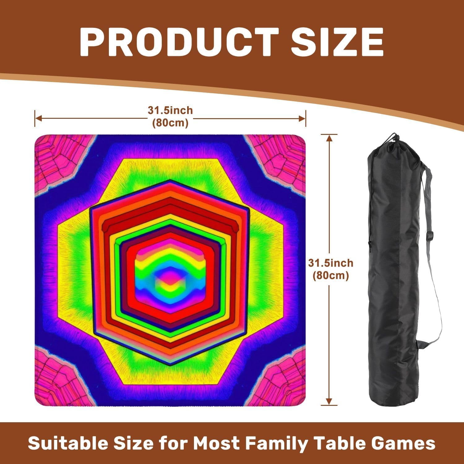 Mahjong Mat 31.5" x 31.5" Vibrant Rainbow Hexagonal Geometric Layers Non-Slip Noise Reduction Mahjong Tiles Table Cover for Dominoes Poker Card Board and Tile Games Gift
