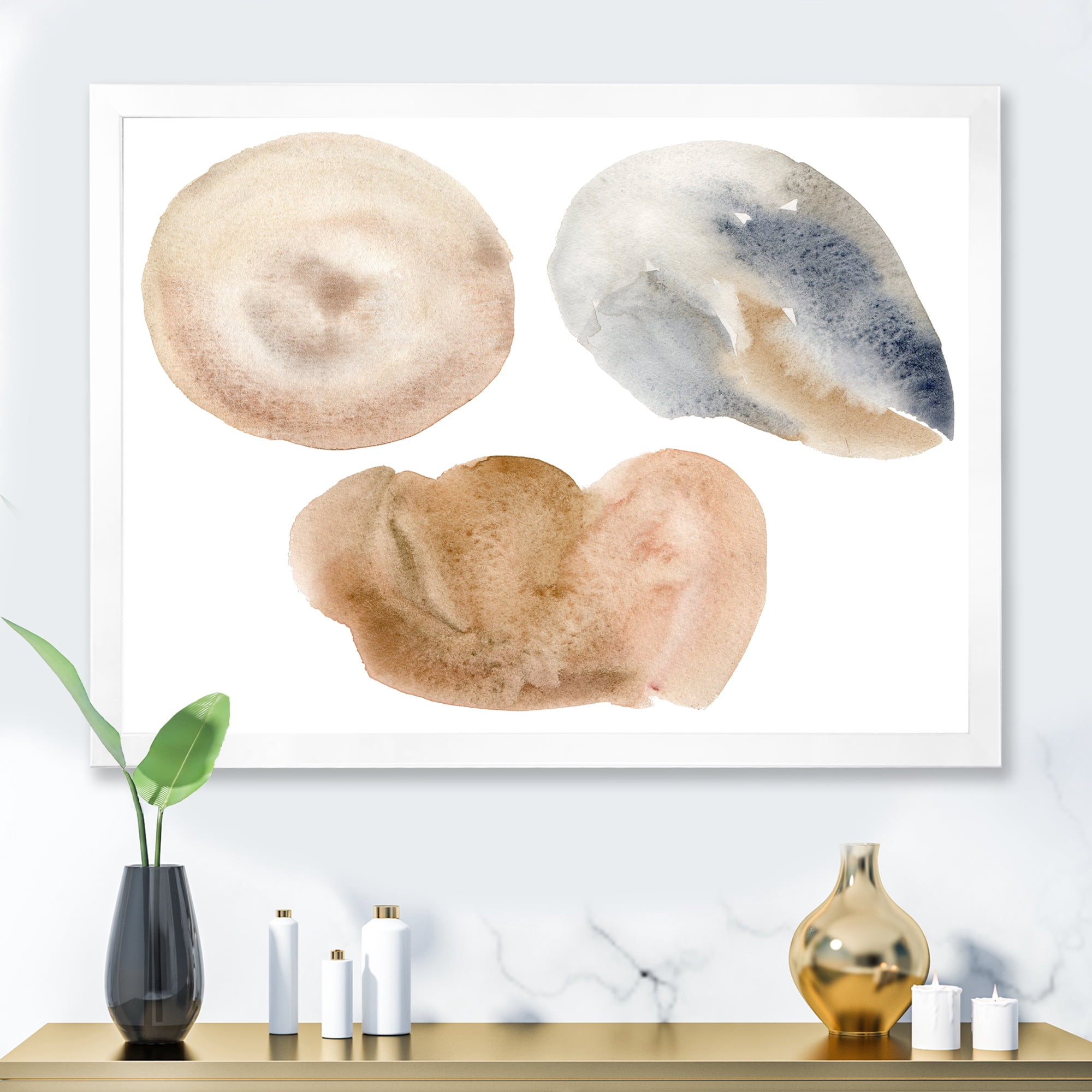 Designart 'Holiday Set With Abstract Beige and Blue Circle Spot' Modern Framed Art Print