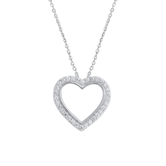 DewberryDiamonds 14K White Gold Plated 925 Sterling Silver Open Heart Pendant | 0.25 cttw Round Cut Certified Lab Grown Diamond Pendant With 18 inch Chain