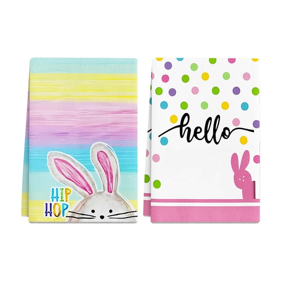 Beforeyayn Colorful Easter Kitchen Towels Dish Towels, 18x26 Inch Happy Easter Pastel Eggs, Cute Cartoon Rabbit Bunny Hand Towels Baking Cooking Cloth Spring Farmhouse Holiday Decoration, Set of 2