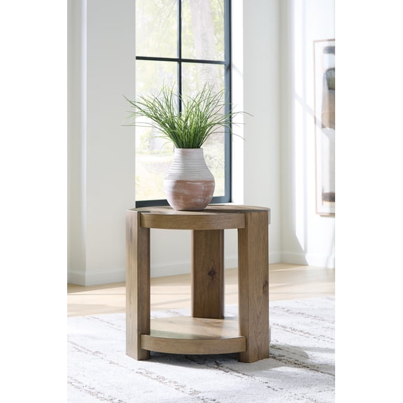 Signature Design by Ashley Flangren Round End Table, Light Oak Finish, 2-Tier Accent Table