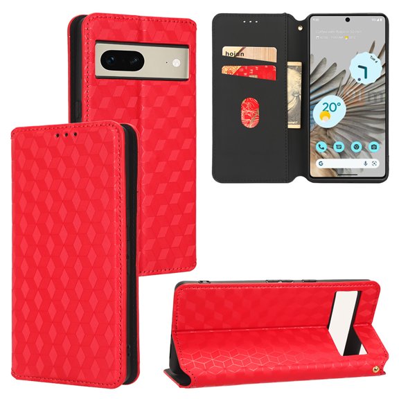 For Google Pixel 7A Wallet Case with RFID Blocking ID Credit Card Holder, Luxury Diamond Patterned Shiny PU Leather Magnetic Folio Book Flip Kickstand Shockproof Phone Case, Red