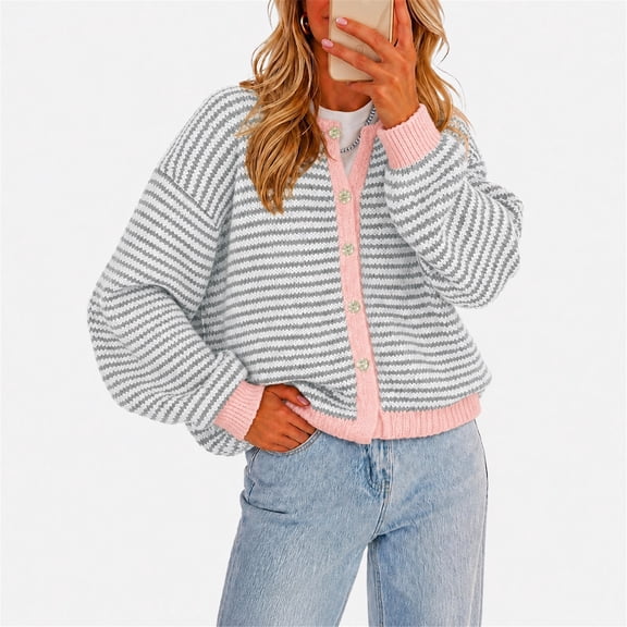 Womens Striped Cardigan Sweaters Long Sleeve Button Up Knit Tops Fall Winter Oversized Color Block Loose Open Front Casual Cardigan 2XL