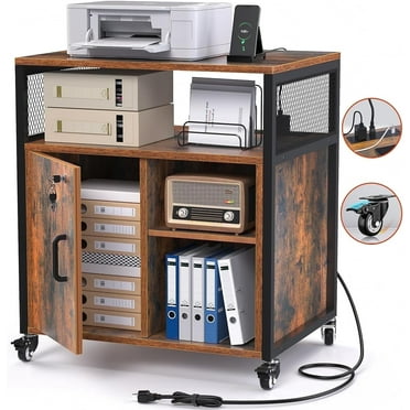 Mobile 3 Drawer File Cabinet with Lock & Charge Station,  Printer Stand Cabinets for Home Office, Rustic Brown